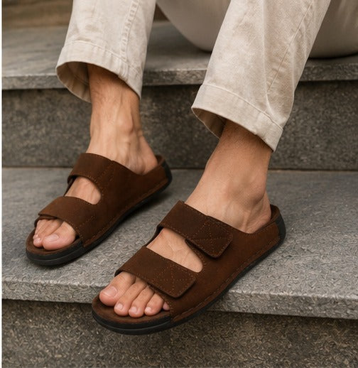 Stylish Brown Double Strap Sandals for Men | Soft Footbed Men’s Slip-On Slippers – Trendy Daily Wear