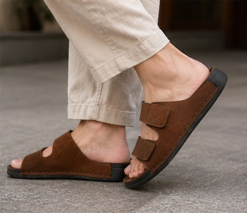 Stylish Brown Double Strap Sandals for Men | Soft Footbed Men’s Slip-On Slippers – Trendy Daily Wear