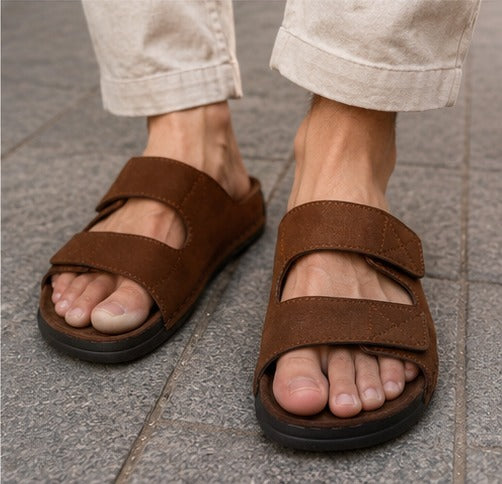 Stylish Brown Double Strap Sandals for Men | Soft Footbed Men’s Slip-On Slippers – Trendy Daily Wear