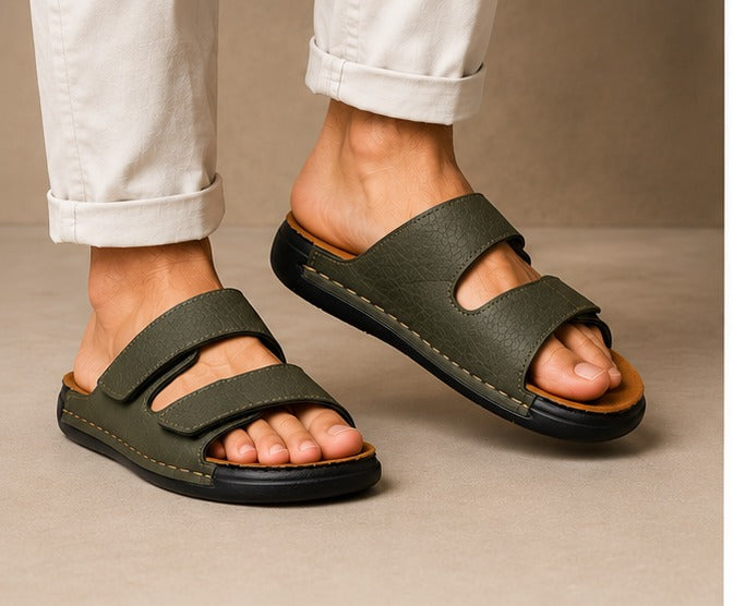 Stylish Brown Double Strap Sandals for Men | Soft Footbed Men’s Slip-On Slippers – Trendy Daily Wear