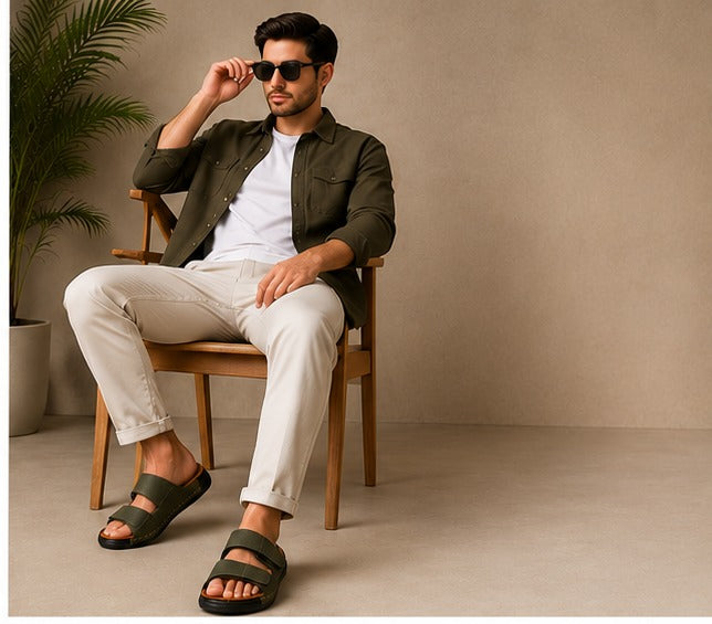 Stylish Brown Double Strap Sandals for Men | Soft Footbed Men’s Slip-On Slippers – Trendy Daily Wear