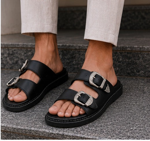 Men’s Olive Green Double Buckle Sandals – Premium Casual Slides | Stylish Olive Green Slip-On Sandals for Men