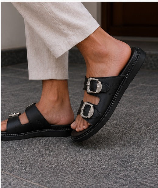 Men’s Olive Green Double Buckle Sandals – Premium Casual Slides | Stylish Olive Green Slip-On Sandals for Men