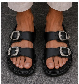 Men’s Olive Green Double Buckle Sandals – Premium Casual Slides | Stylish Olive Green Slip-On Sandals for Men