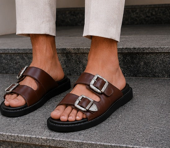 Men’s Olive Green Double Buckle Sandals – Premium Casual Slides | Stylish Olive Green Slip-On Sandals for Men