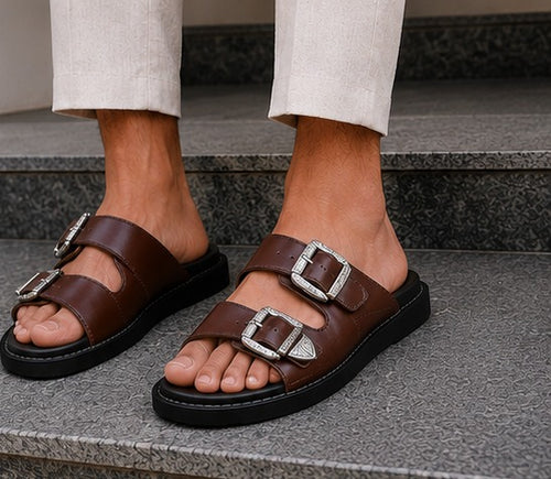 Men’s Olive Green Double Buckle Sandals – Premium Casual Slides | Stylish Olive Green Slip-On Sandals for Men