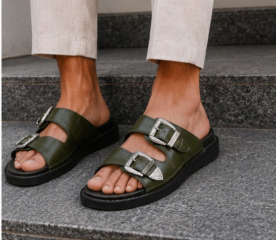 Men’s Olive Green Double Buckle Sandals – Premium Casual Slides | Stylish Olive Green Slip-On Sandals for Men