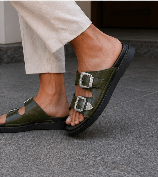 Men’s Olive Green Double Buckle Sandals – Premium Casual Slides | Stylish Olive Green Slip-On Sandals for Men