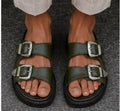 Men’s Olive Green Double Buckle Sandals – Premium Casual Slides | Stylish Olive Green Slip-On Sandals for Men