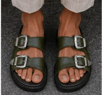 Men’s Olive Green Double Buckle Sandals – Premium Casual Slides | Stylish Olive Green Slip-On Sandals for Men